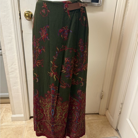 Ralph Lauren Wrap Maxi Skirt Leather Accent Vintage Green Red Wrap Front 10 - Picture 1 of 8
